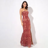 Princess Doll Red Strapless Glitter Maxi Split Fishtail Dress - Fashion Genie Boutique