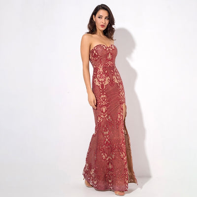 Princess Doll Red Strapless Glitter Maxi Split Fishtail Dress - Fashion Genie Boutique