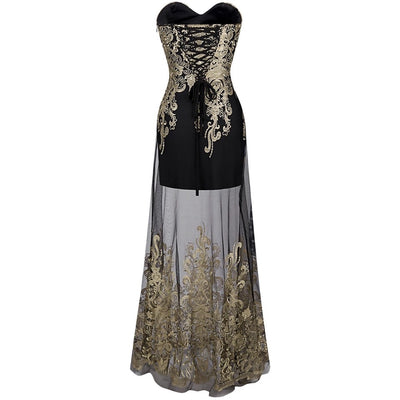 Jenna Black & Gold Embroidered Maxi Gown Dress - Fashion Genie Boutique