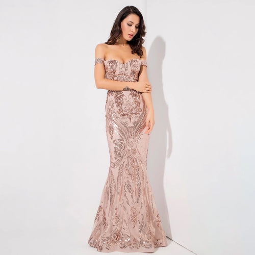 Sweetheart Rose Gold Bardot Sequin Maxi Fishtail Dress - Fashion Genie Boutique
