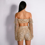 Maria Gold Glitter Bardot Top & Shorts Co-Ord - Fashion Genie Boutique