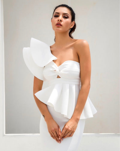 Keya White Peplum Bardot Top & Midi Skirt Dress Co Ord - Fashion Genie Boutique