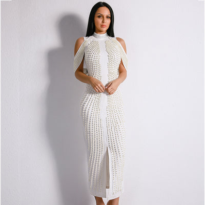 High Society White Stud Embellished Slinky Maxi Dress - Fashion Genie Boutique