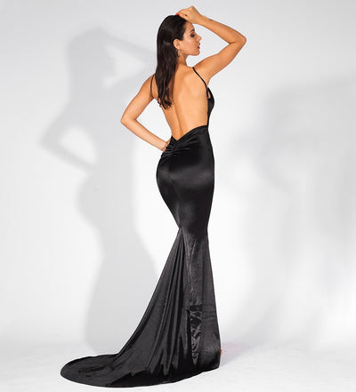 Glowing Goddess Black Satin Fishtail Maxi Dress - Fashion Genie Boutique