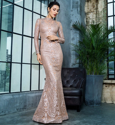 Moroccan Mama Gold Long Sleeve Glitter Fishtail Maxi Dress - Fashion Genie Boutique