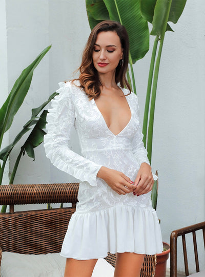 Tongue N Cheek White Long Sleeve Ruffle Mini Dress - Fashion Genie Boutique