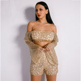Maria Gold Glitter Bardot Top & Shorts Co-Ord - Fashion Genie Boutique