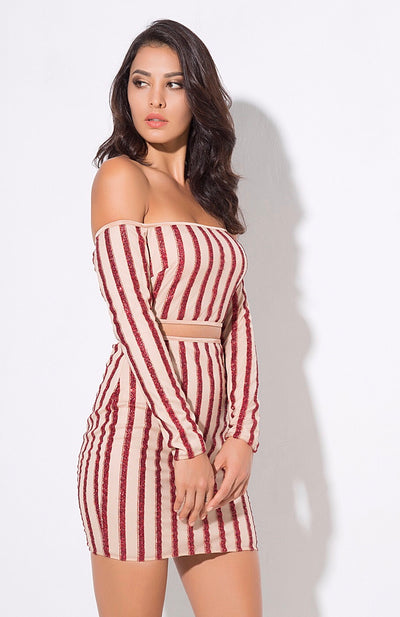 Walk the Line Red Bardot Glitter Mini Dress - Fashion Genie Boutique