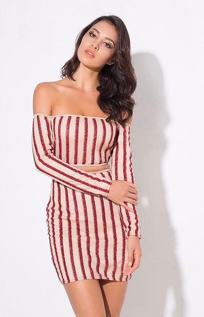 Walk the Line Red Bardot Glitter Mini Dress - Fashion Genie Boutique