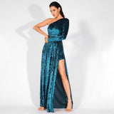 Just One Wish Green Velvet One Shoulder Long Sleeve Maxi Dress - Fashion Genie Boutique