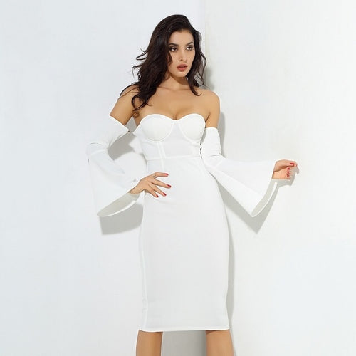 No Competition White Long Sleeve Bardot Midi Dress - Fashion Genie Boutique