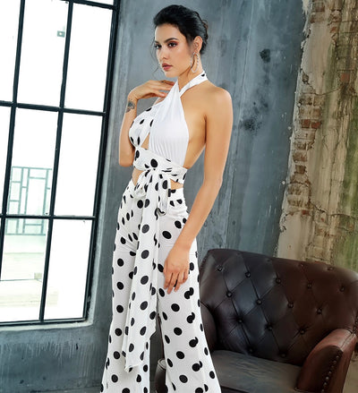 One Kiss White Polka Dot Crop Top & Wide Leg Trousers Co-Ord - Fashion Genie Boutique