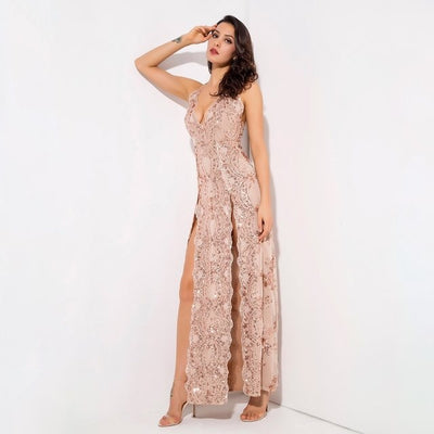 Crash The Party Rose Gold Sequin Double Split Maxi Dress - Fashion Genie Boutique