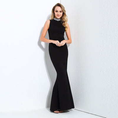 Glam Squad Black Crystal Embellished Fishtail Maxi Dress - Fashion Genie Boutique