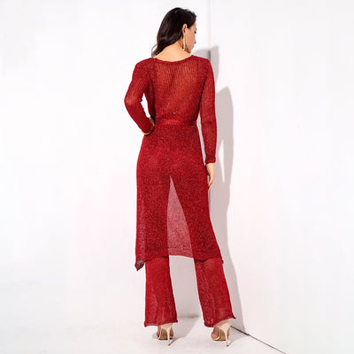 Valerie Red Glitter Knit Trousers - Fashion Genie Boutique