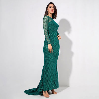 Making Moves Green Long Sleeve Glitter Maxi Gown Dress - Fashion Genie Boutique