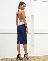 Laced With Love Navy Satin Midi Dress - Fashion Genie Boutique