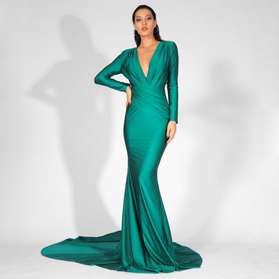 Always Dreaming Green Long Sleeve Fishtail Maxi Gown Dress - Fashion Genie Boutique