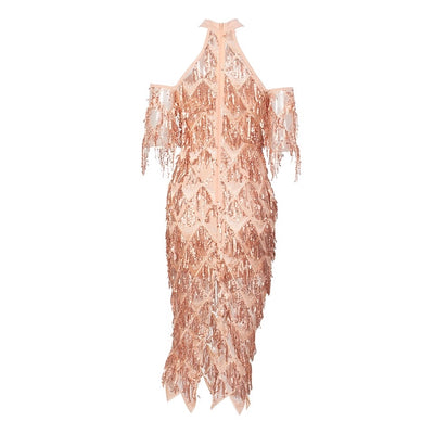 Goodnight And Go Gold Sequin Fringe Midi Dress - Fashion Genie Boutique