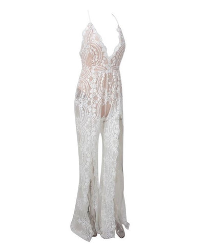 Bad Gal White Sequin Split Leg Jumpsuit - Fashion Genie Boutique