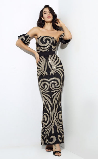 Senorita Black & Gold Glitter Embellished Bardot Maxi - Fashion Genie Boutique
