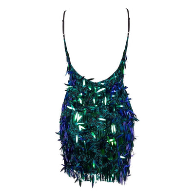 Sunset Chic Green Iridescent Sequin Fringe Mini Dress - Fashion Genie Boutique