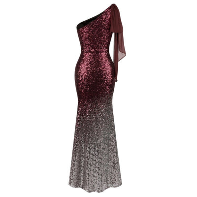 Oh My Posh Burgundy & Silver Sequin Gradient One Shoulder Maxi Gown Dress - Fashion Genie Boutique
