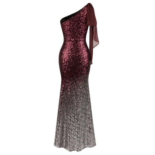 Oh My Posh Burgundy & Silver Sequin Gradient One Shoulder Maxi Gown Dress - Fashion Genie Boutique