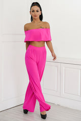 Shopping Spree Pink Bardot Crop Top & Wide Leg Trousers Co-Ord - Fashion Genie Boutique