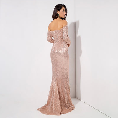 Dressed To Thrill Gold Sequin Bardot Maxi Dress - Fashion Genie Boutique
