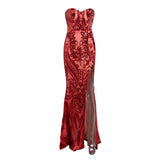 Sweet Vision Red Strapless Sequin Spilt Maxi Gown Dress - Fashion Genie Boutique
