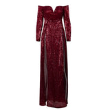 So Lavish Navy Sequin Bardot Double Split Maxi Dress - Fashion Genie Boutique
