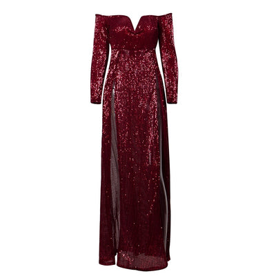 So Lavish Navy Sequin Bardot Double Split Maxi Dress - Fashion Genie Boutique