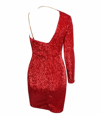 Gal That Glitters Red One Sleeve Sequin Mini Dress - Fashion Genie Boutique