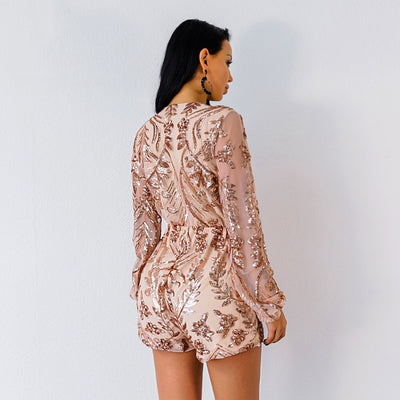 Goal Getter Rose Gold Sequin Long Sleeve Playsuit - Fashion Genie Boutique