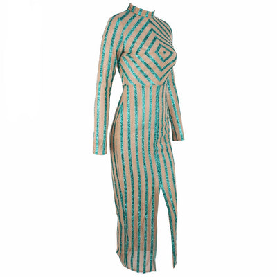 All A Dream Green Glitter Embellished Long Sleeve Maxi Dress - Fashion Genie Boutique