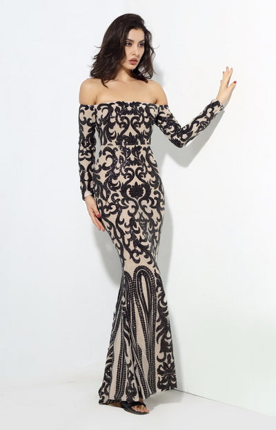 Avella Black & Nude Sequin Bardot Maxi - Fashion Genie Boutique