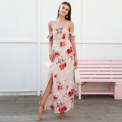 Sweet Romance Nude Floral Bardot Maxi Dress - Fashion Genie Boutique