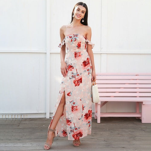 Sweet Romance Nude Floral Bardot Maxi Dress - Fashion Genie Boutique