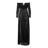 So Lavish Navy Sequin Bardot Double Split Maxi Dress - Fashion Genie Boutique