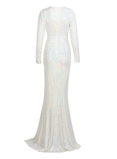 City Of Love White Plunge Sequin Long Sleeve Maxi - Fashion Genie Boutique