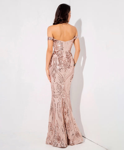 Sweetheart Rose Gold Bardot Sequin Maxi Fishtail Dress - Fashion Genie Boutique