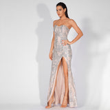 Sweet Vision Silver Strapless Sequin Spilt Maxi Gown Dress - Fashion Genie Boutique