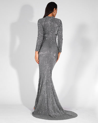 Cut It Out Silver Keyhole Sequin Long Sleeve Maxi Fishtail Dress - Fashion Genie Boutique