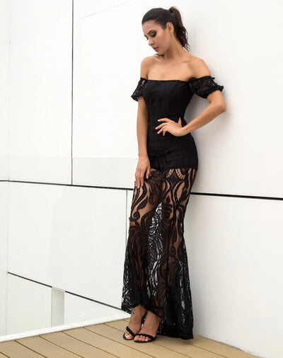 Hotline Black Bardot Lace Maxi Dress - Fashion Genie Boutique