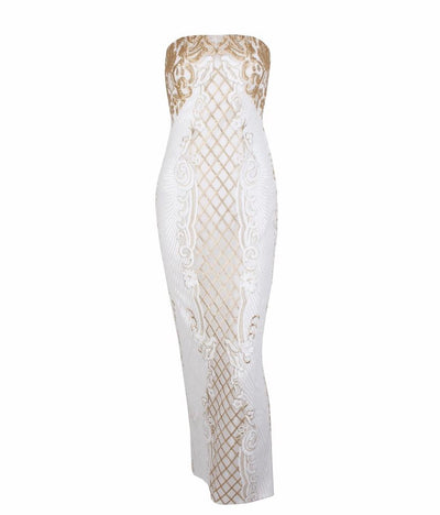 A Long Affair White & Gold Sequin Strapless Maxi Dress - Fashion Genie Boutique