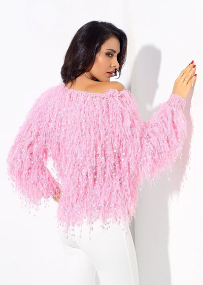 Heart Throb Pink Fluffy Fringe Jumper - Fashion Genie Boutique