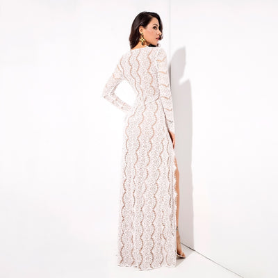 Walking Goddess White Long Sleeve Double Split Maxi Dress - Fashion Genie Boutique