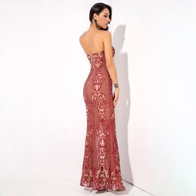 Princess Doll Red Strapless Glitter Maxi Split Fishtail Dress - Fashion Genie Boutique