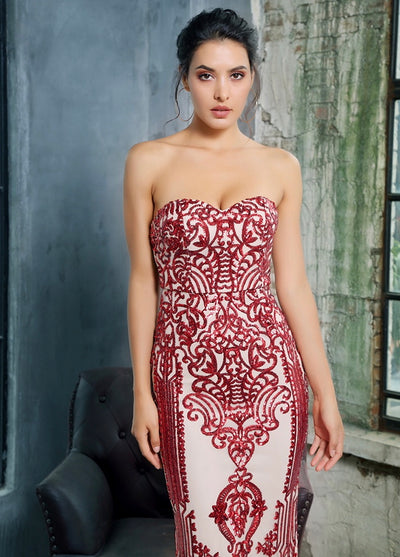 Godiva Red Strapless Sequin Maxi Fishtail Dress - Fashion Genie Boutique